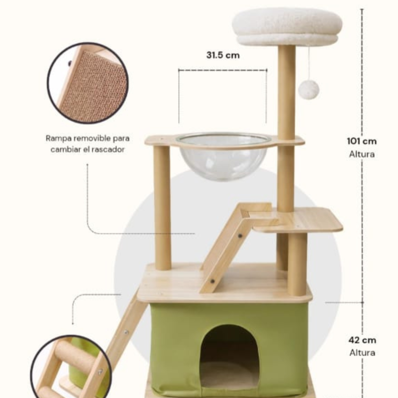 Torre para Gatos con Rascador de Madera y Tela